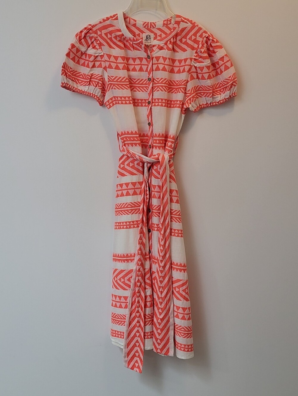Coral Printed Button-Front Midi Dress with Tie Waist